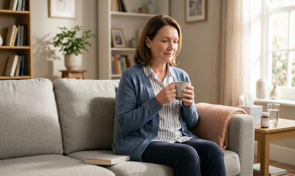 A woman resting comfortably on a living room couch holding a warm mug, with a small medicine bottle, tissues, and a glass of water on a side table nearby.