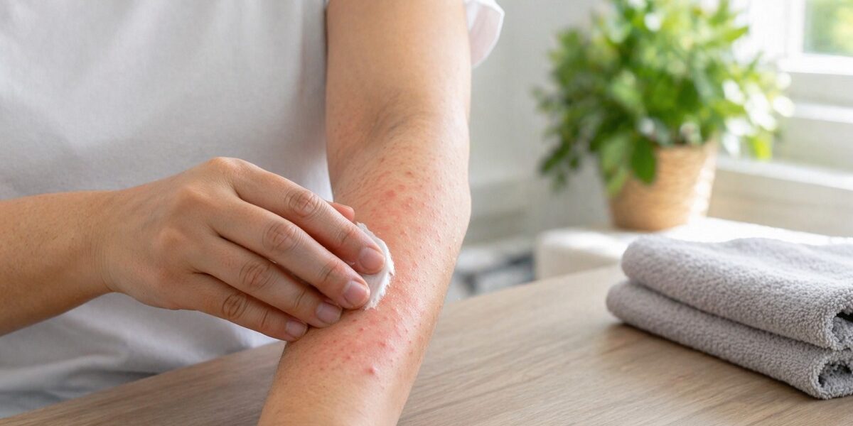 Person gently touching a mild skin rash on their forearm in a calm home setting