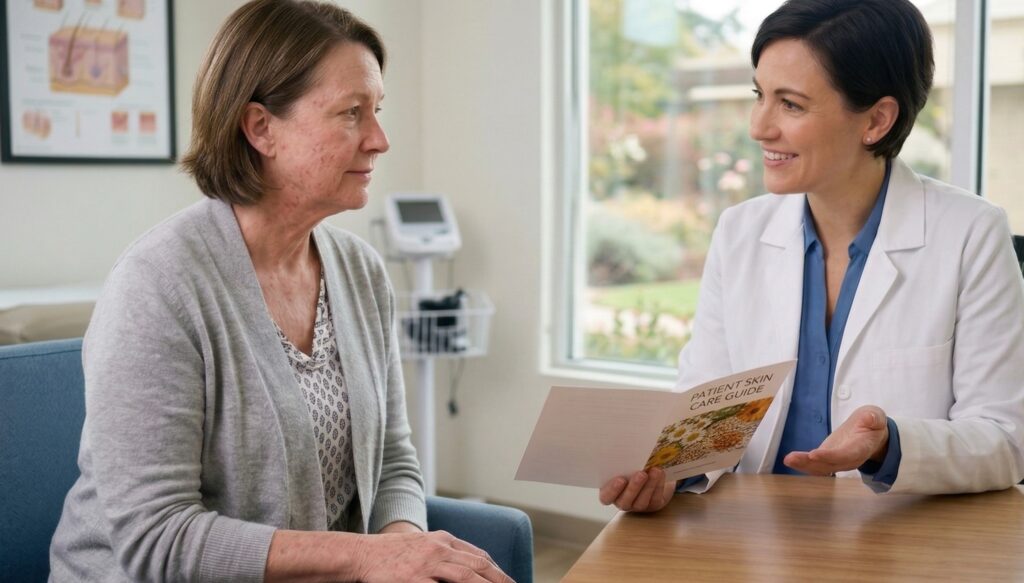 A female doctor shows skincare products and a guide to a patient in a medical office setting