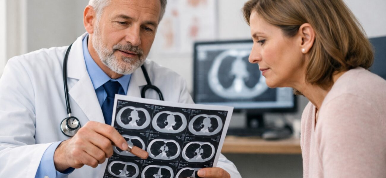 Oncologist explaining chest imaging and osimertinib side effects to a lung cancer patient.