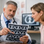 Oncologist explaining chest imaging and osimertinib side effects to a lung cancer patient.