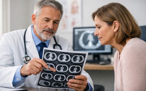 Oncologist explaining chest imaging and osimertinib side effects to a lung cancer patient.