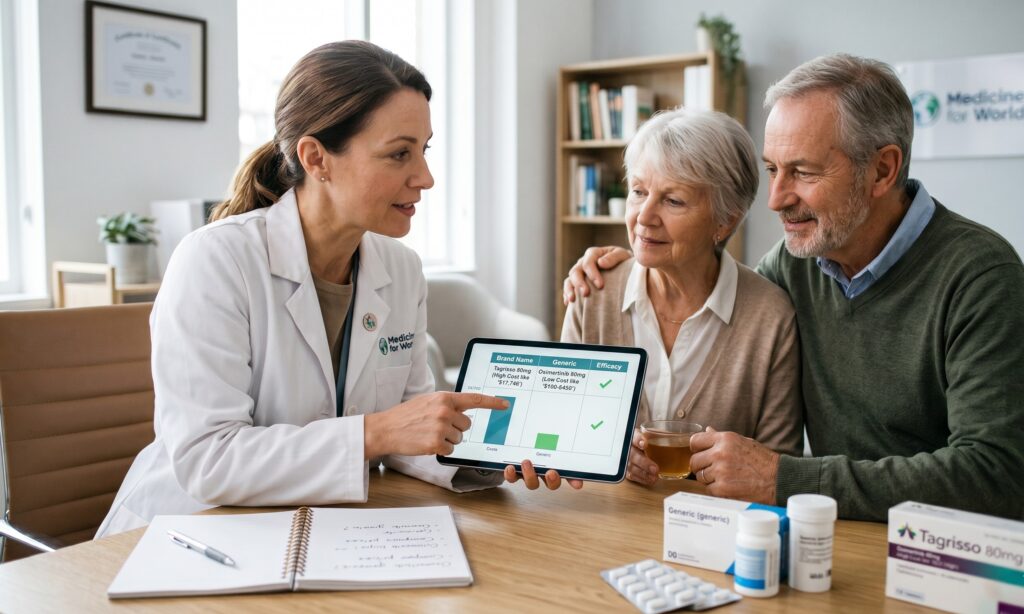 Doctor explaining generic Tagrisso cost options and comparing prices with a couple on a tablet.