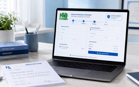 Secure pharmacy checkout workspace scene