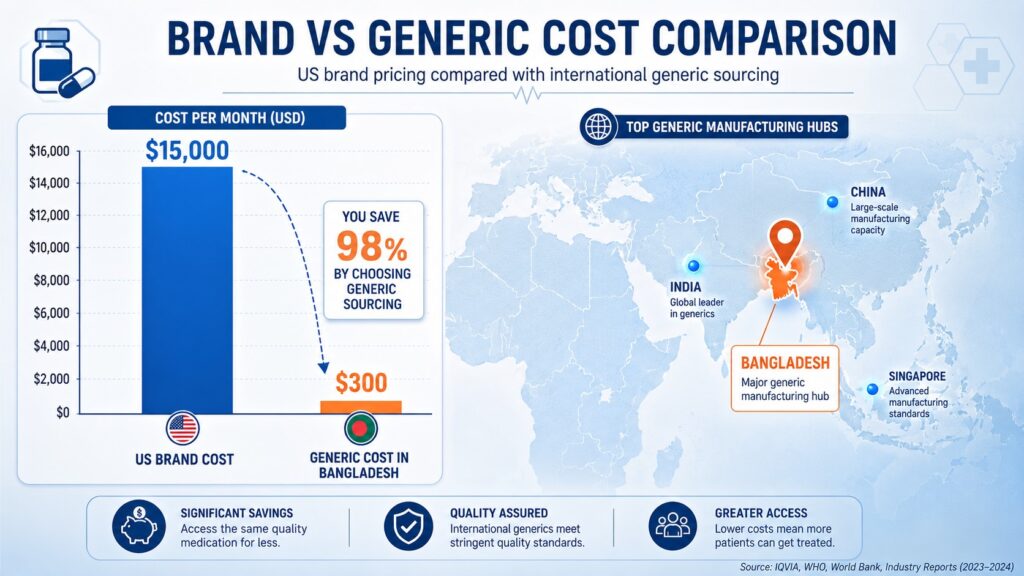 Side by side bar chart comparing US brand costs to international generic costs, layered over a map of top generic manufacturing hubs - Chart comparing $15,000 US brand cost to $300 generic cost in Bangladesh