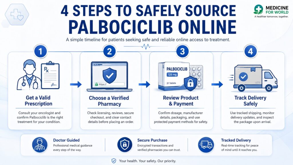 4 step timeline showing safe purchasing process from doctor to delivery - 4 Steps to Safely Source Palbociclib Online