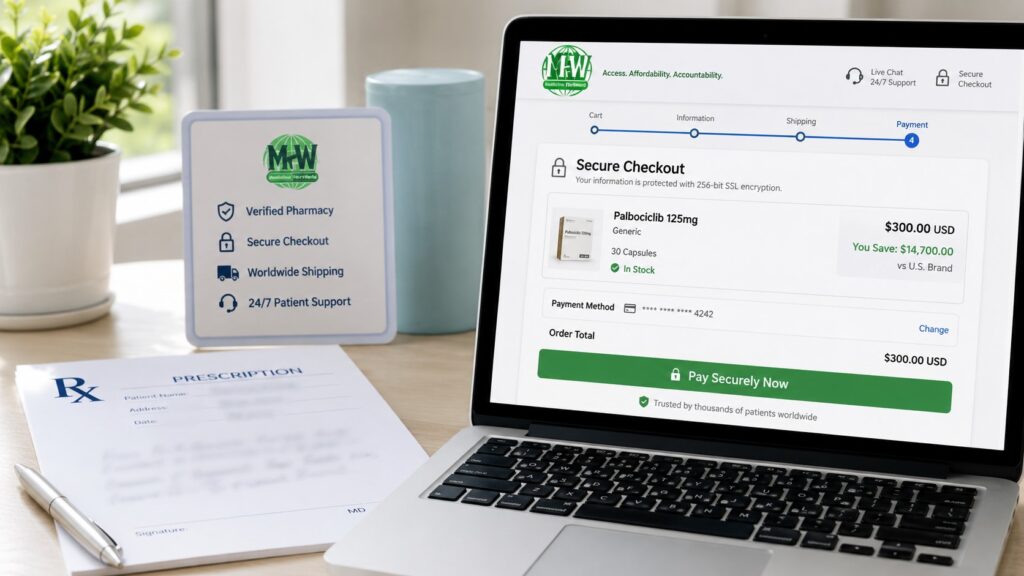 A clean desk showing a prescription pad next to a laptop displaying a secure pharmacy checkout page. - Patient ordering Palbociclib medication safely online through a verified pharmacy portal