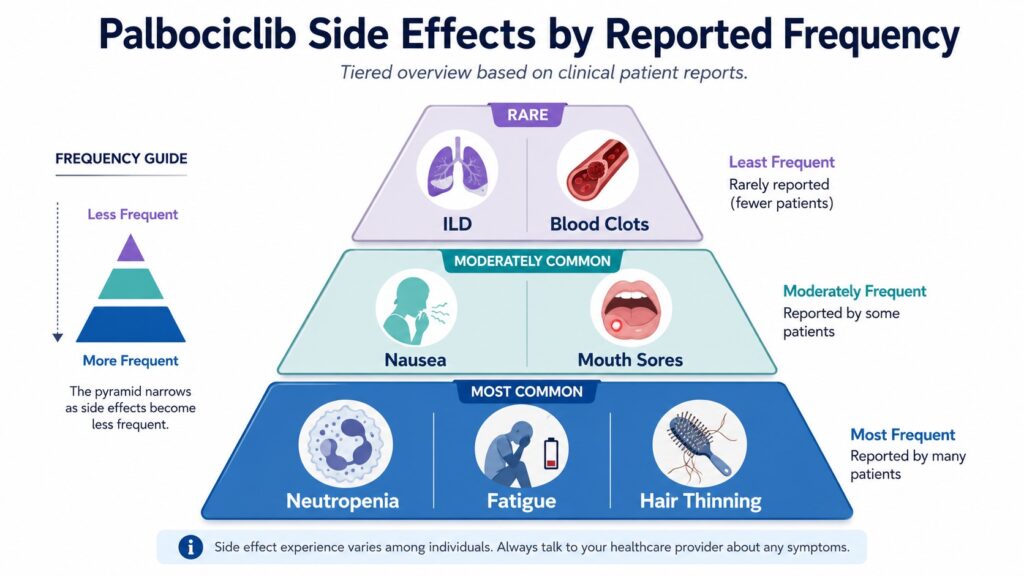 Tiered pyramid chart showing the frequency of side effects based on clinical patient reports — The base highlights Neutropenia, Fatigue, and Hair Thinning; the middle tier shows Nausea and Mouth Sores; the top highlights rare ILD and Blood Clots
