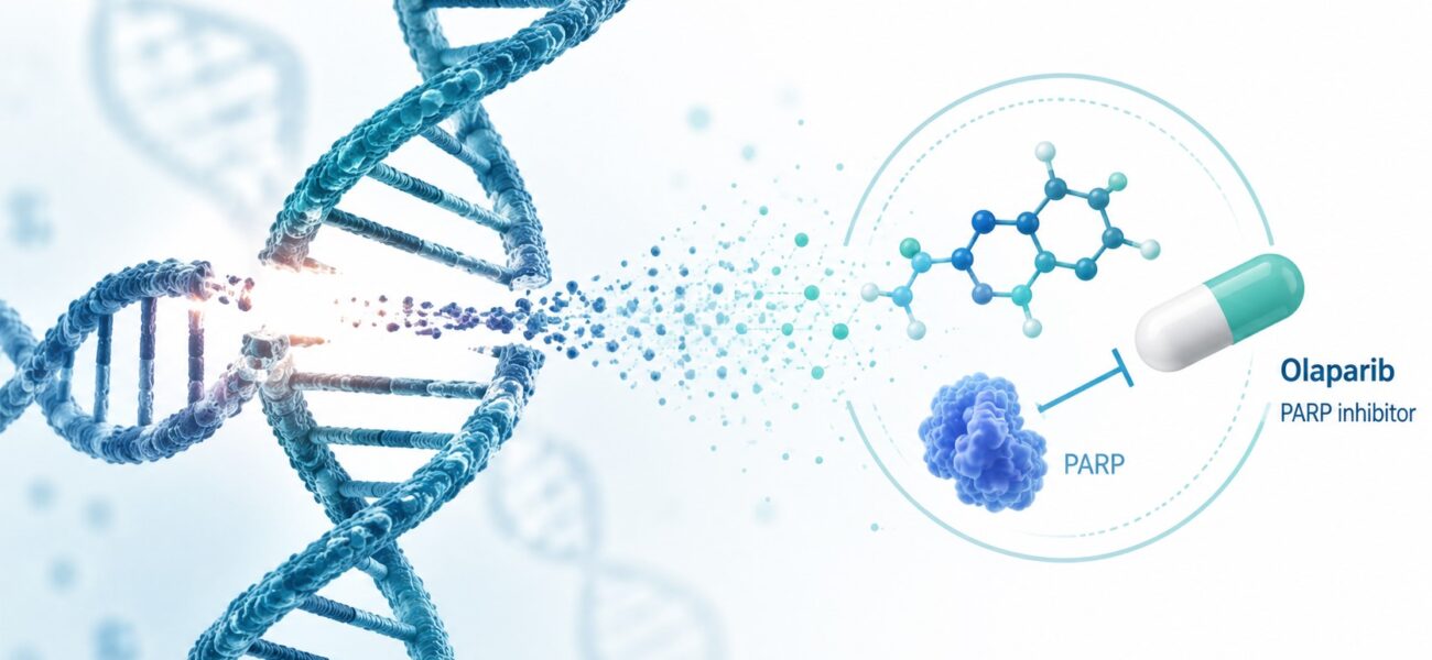 Illustration showing DNA repair process and Olaparib PARP inhibitor mechanism
