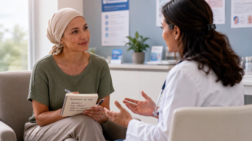 Cancer patient discussing PARP inhibitor treatment options with oncologist