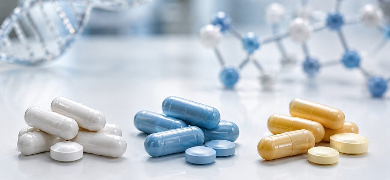 Pills and molecular models on white surface