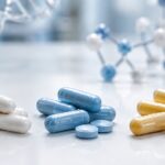Pills and molecular models on white surface