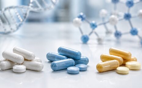Pills and molecular models on white surface